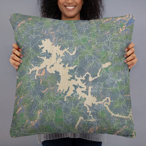 Person holding 22x22 Custom Nottely Lake Georgia Map Throw Pillow in Afternoon