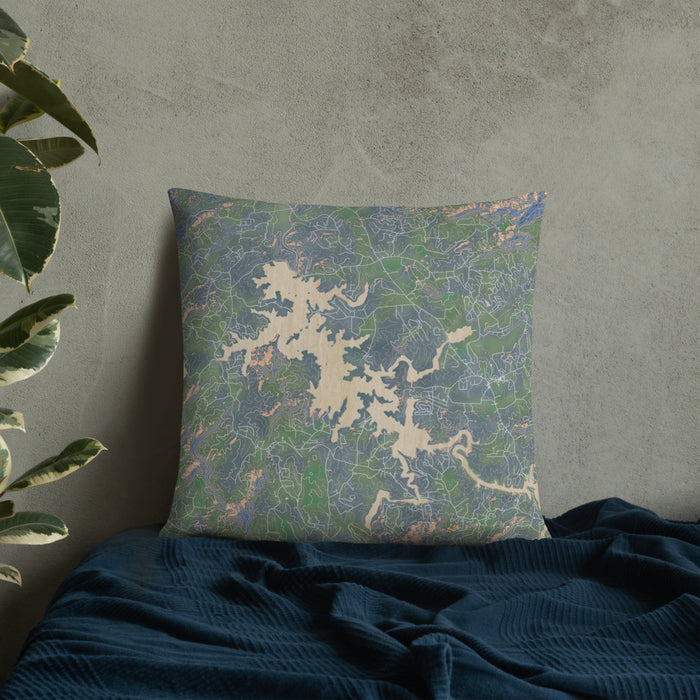 Custom Nottely Lake Georgia Map Throw Pillow in Afternoon on Bedding Against Wall