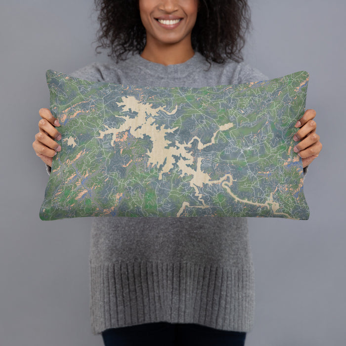 Person holding 20x12 Custom Nottely Lake Georgia Map Throw Pillow in Afternoon