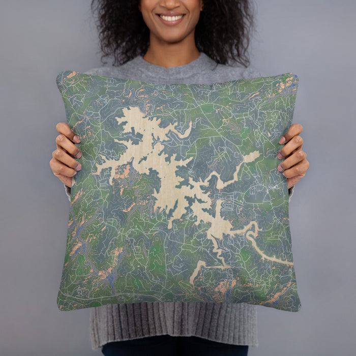 Person holding 18x18 Custom Nottely Lake Georgia Map Throw Pillow in Afternoon