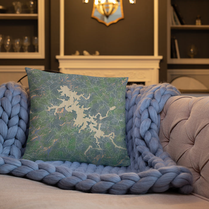 Custom Nottely Lake Georgia Map Throw Pillow in Afternoon on Cream Colored Couch