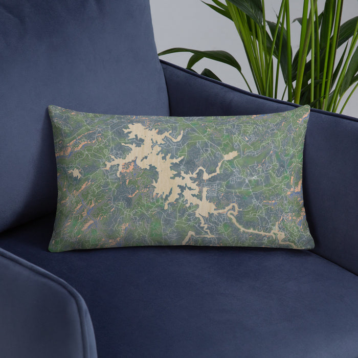 Custom Nottely Lake Georgia Map Throw Pillow in Afternoon on Blue Colored Chair