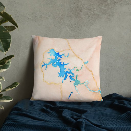 Custom Nottely Lake Georgia Map Throw Pillow in Watercolor on Bedding Against Wall