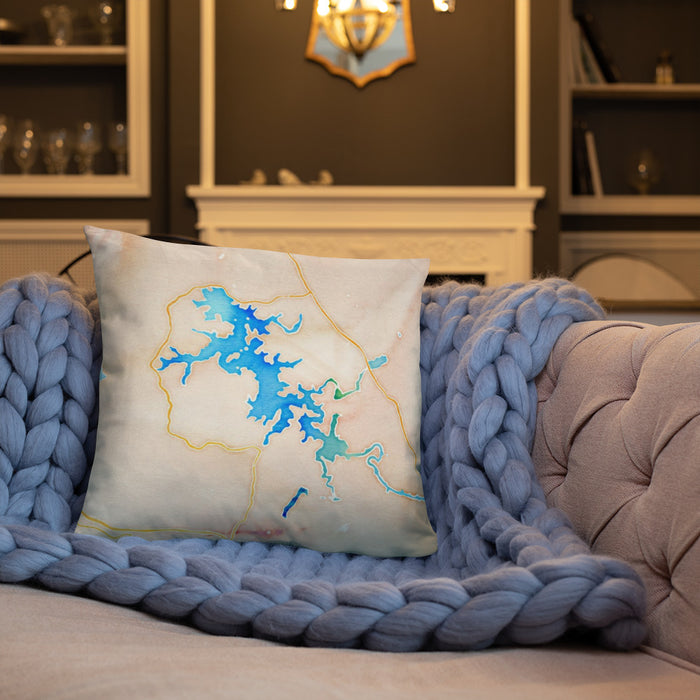 Custom Nottely Lake Georgia Map Throw Pillow in Watercolor on Cream Colored Couch