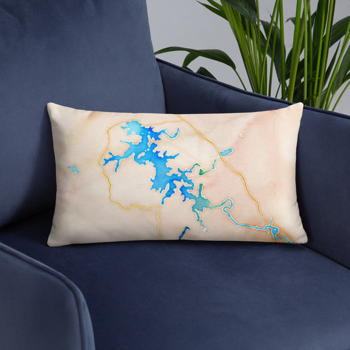 Custom Nottely Lake Georgia Map Throw Pillow in Watercolor on Blue Colored Chair