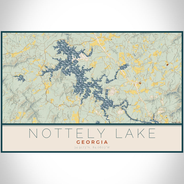 Nottely Lake Georgia Map Print Landscape Orientation in Woodblock Style With Shaded Background