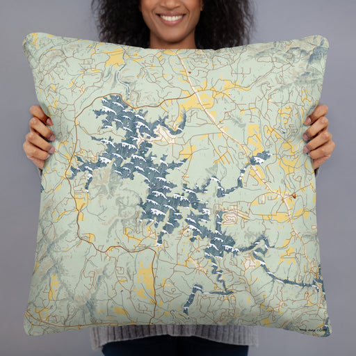 Person holding 22x22 Custom Nottely Lake Georgia Map Throw Pillow in Woodblock
