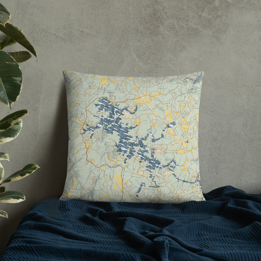 Custom Nottely Lake Georgia Map Throw Pillow in Woodblock on Bedding Against Wall