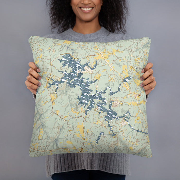 Person holding 18x18 Custom Nottely Lake Georgia Map Throw Pillow in Woodblock