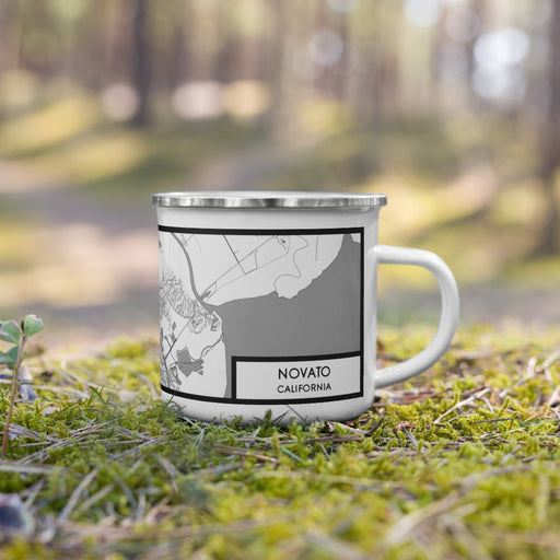Right View Custom Novato California Map Enamel Mug in Classic on Grass With Trees in Background