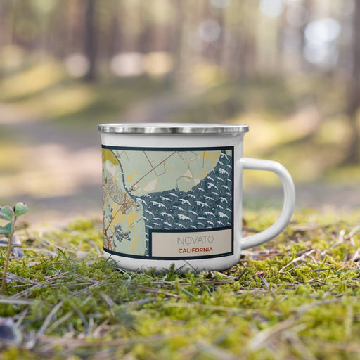 Right View Custom Novato California Map Enamel Mug in Woodblock on Grass With Trees in Background