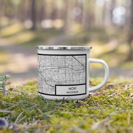 Right View Custom Novi Michigan Map Enamel Mug in Classic on Grass With Trees in Background
