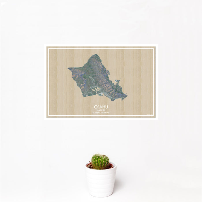 12x18 O‘ahu Hawaii Map Print Landscape Orientation in Afternoon Style With Small Cactus Plant in White Planter