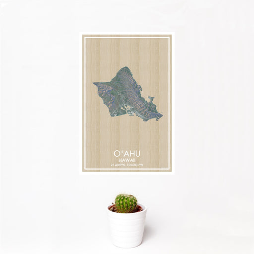 12x18 O‘ahu Hawaii Map Print Portrait Orientation in Afternoon Style With Small Cactus Plant in White Planter