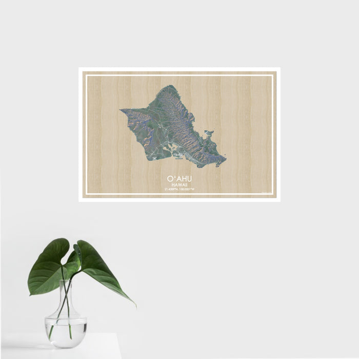 16x24 O‘ahu Hawaii Map Print Landscape Orientation in Afternoon Style With Tropical Plant Leaves in Water