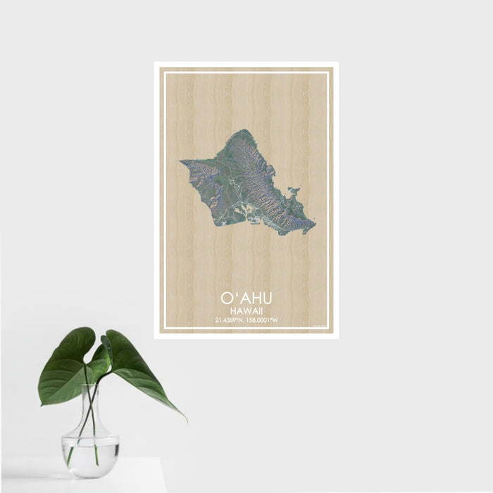 16x24 O‘ahu Hawaii Map Print Portrait Orientation in Afternoon Style With Tropical Plant Leaves in Water