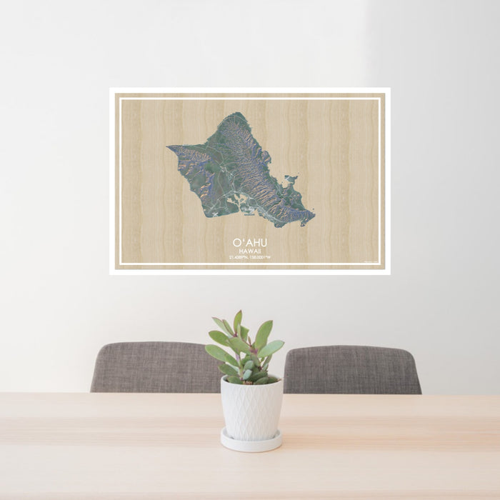24x36 O‘ahu Hawaii Map Print Lanscape Orientation in Afternoon Style Behind 2 Chairs Table and Potted Plant