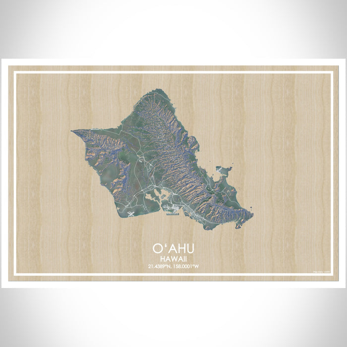 O‘ahu Hawaii Map Print Landscape Orientation in Afternoon Style With Shaded Background