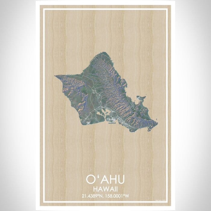 O‘ahu Hawaii Map Print Portrait Orientation in Afternoon Style With Shaded Background
