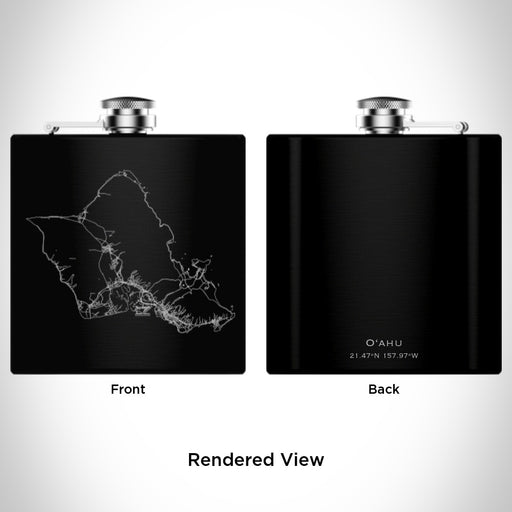 Rendered View of O‘ahu Hawaii Map Engraving on 6oz Stainless Steel Flask in Black