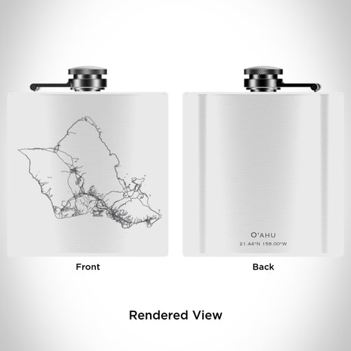 Rendered View of O‘ahu Hawaii Map Engraving on 6oz Stainless Steel Flask in White