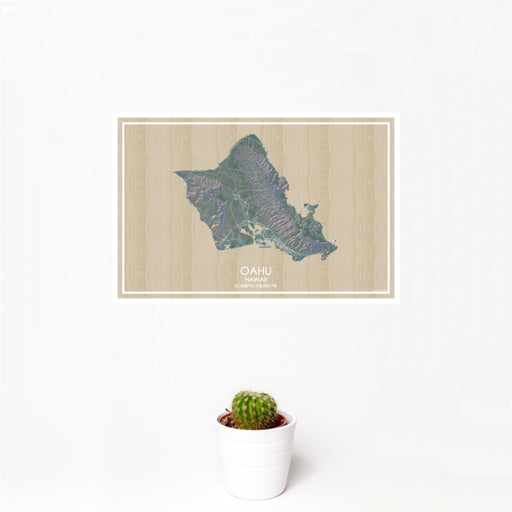 12x18 Oahu Hawaii Map Print Landscape Orientation in Afternoon Style With Small Cactus Plant in White Planter