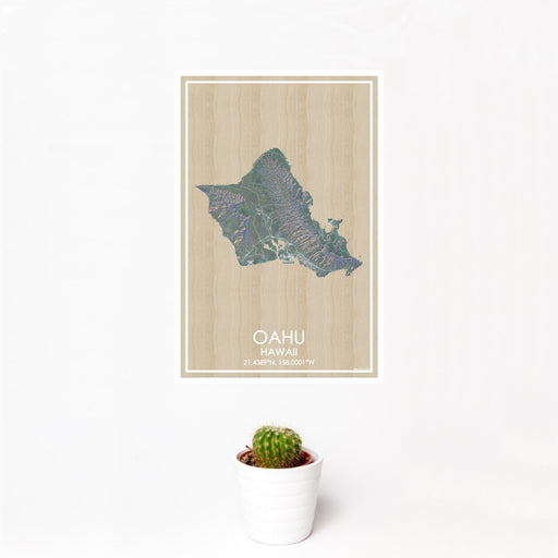 12x18 Oahu Hawaii Map Print Portrait Orientation in Afternoon Style With Small Cactus Plant in White Planter