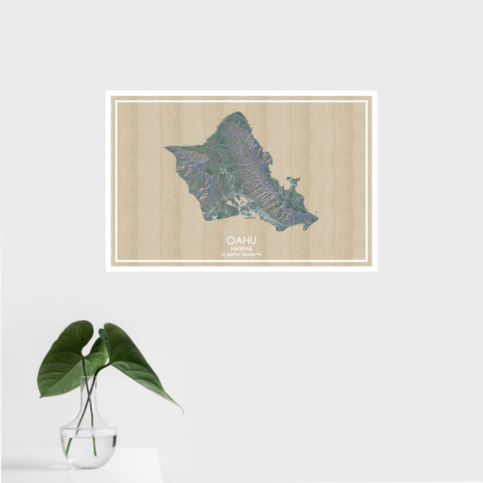 16x24 Oahu Hawaii Map Print Landscape Orientation in Afternoon Style With Tropical Plant Leaves in Water