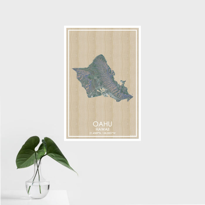 16x24 Oahu Hawaii Map Print Portrait Orientation in Afternoon Style With Tropical Plant Leaves in Water