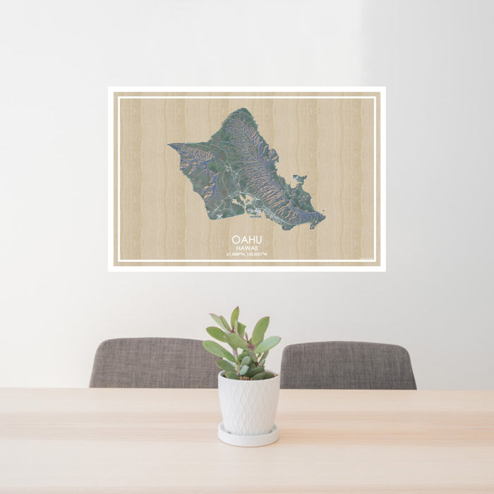 24x36 Oahu Hawaii Map Print Lanscape Orientation in Afternoon Style Behind 2 Chairs Table and Potted Plant