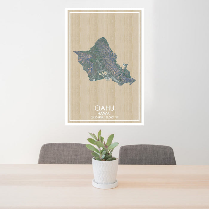 24x36 Oahu Hawaii Map Print Portrait Orientation in Afternoon Style Behind 2 Chairs Table and Potted Plant