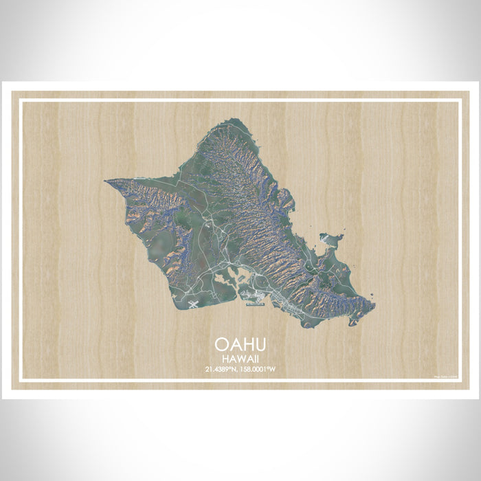 Oahu Hawaii Map Print Landscape Orientation in Afternoon Style With Shaded Background