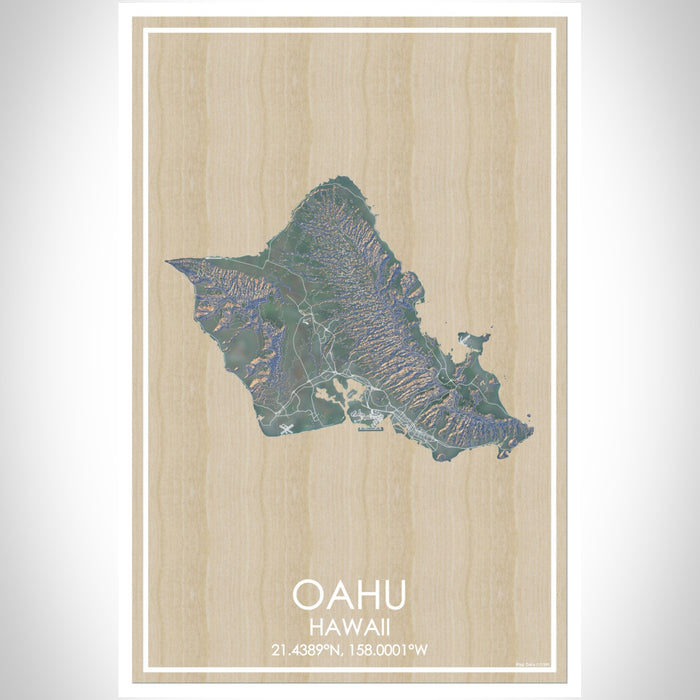 Oahu Hawaii Map Print Portrait Orientation in Afternoon Style With Shaded Background