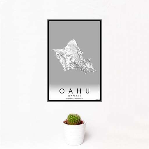 12x18 Oahu Hawaii Map Print Portrait Orientation in Classic Style With Small Cactus Plant in White Planter