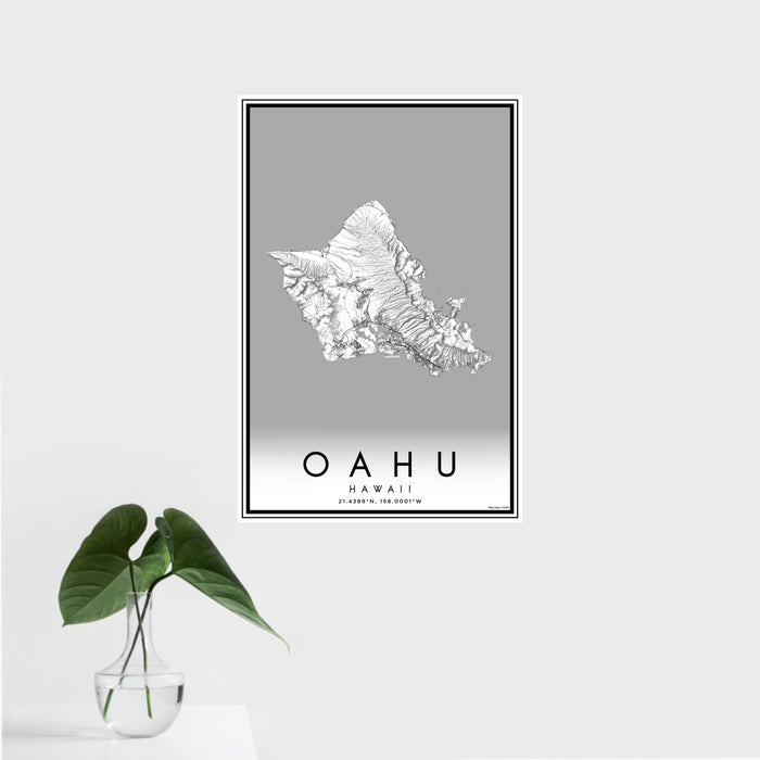 16x24 Oahu Hawaii Map Print Portrait Orientation in Classic Style With Tropical Plant Leaves in Water