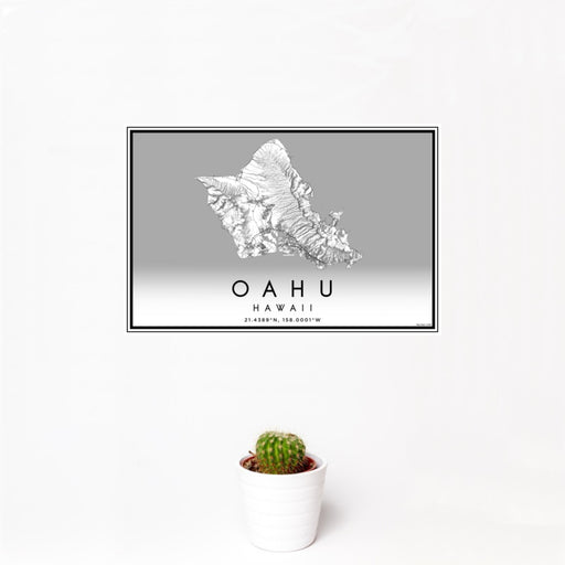 12x18 Oahu Hawaii Map Print Landscape Orientation in Classic Style With Small Cactus Plant in White Planter