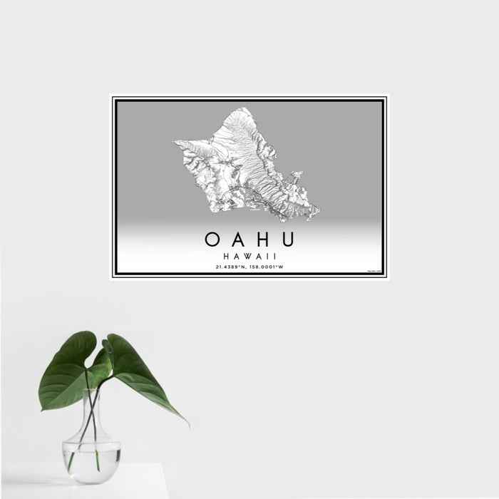 16x24 Oahu Hawaii Map Print Landscape Orientation in Classic Style With Tropical Plant Leaves in Water