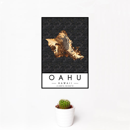 12x18 Oahu Hawaii Map Print Portrait Orientation in Ember Style With Small Cactus Plant in White Planter