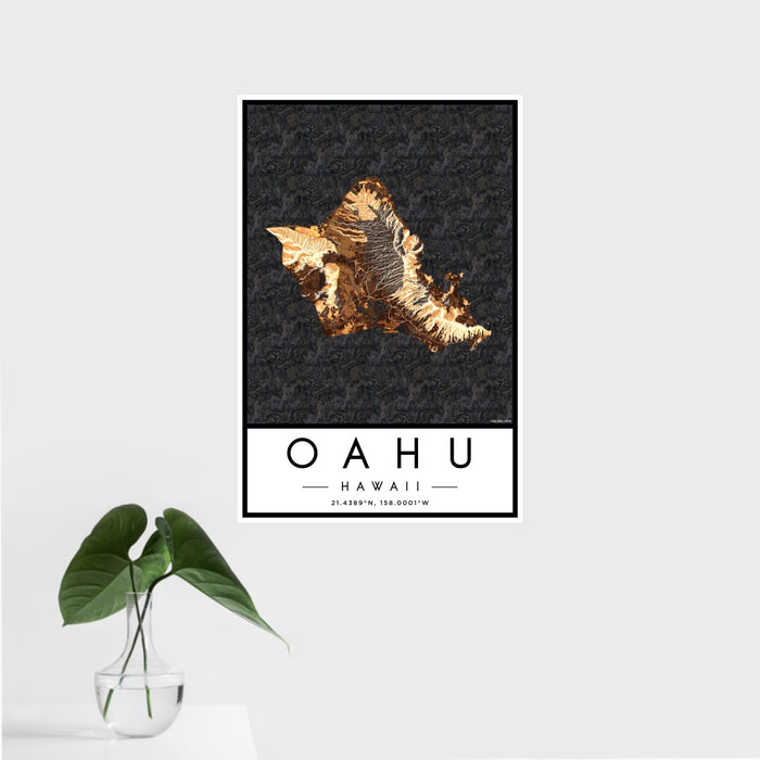 16x24 Oahu Hawaii Map Print Portrait Orientation in Ember Style With Tropical Plant Leaves in Water