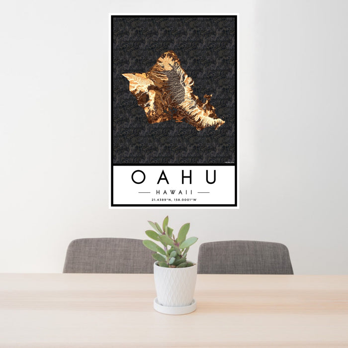 24x36 Oahu Hawaii Map Print Portrait Orientation in Ember Style Behind 2 Chairs Table and Potted Plant