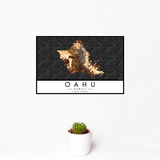 12x18 Oahu Hawaii Map Print Landscape Orientation in Ember Style With Small Cactus Plant in White Planter
