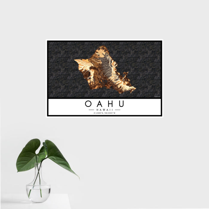 16x24 Oahu Hawaii Map Print Landscape Orientation in Ember Style With Tropical Plant Leaves in Water