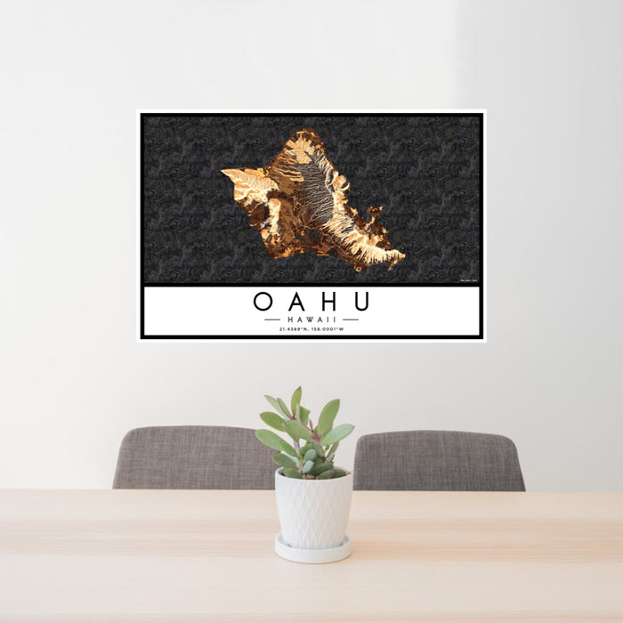 24x36 Oahu Hawaii Map Print Landscape Orientation in Ember Style Behind 2 Chairs Table and Potted Plant