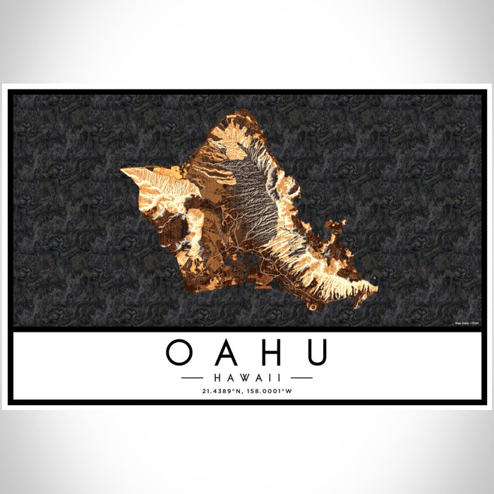 Oahu Hawaii Map Print Landscape Orientation in Ember Style With Shaded Background