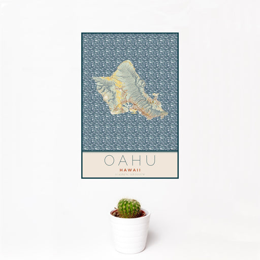 12x18 Oahu Hawaii Map Print Portrait Orientation in Woodblock Style With Small Cactus Plant in White Planter