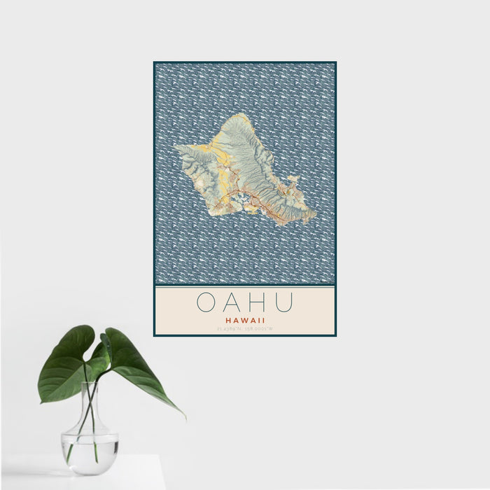 16x24 Oahu Hawaii Map Print Portrait Orientation in Woodblock Style With Tropical Plant Leaves in Water