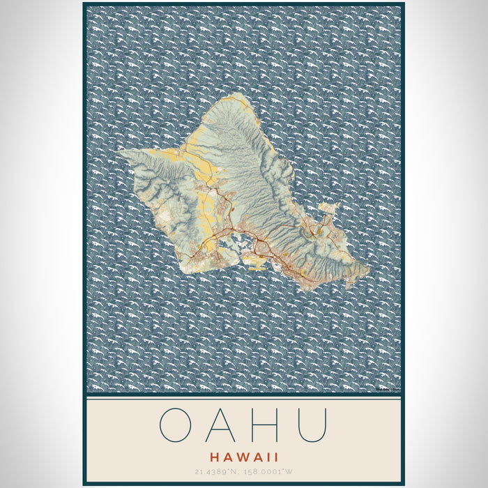 Oahu Hawaii Map Print Portrait Orientation in Woodblock Style With Shaded Background
