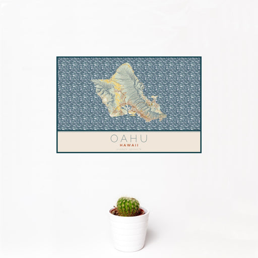 12x18 Oahu Hawaii Map Print Landscape Orientation in Woodblock Style With Small Cactus Plant in White Planter