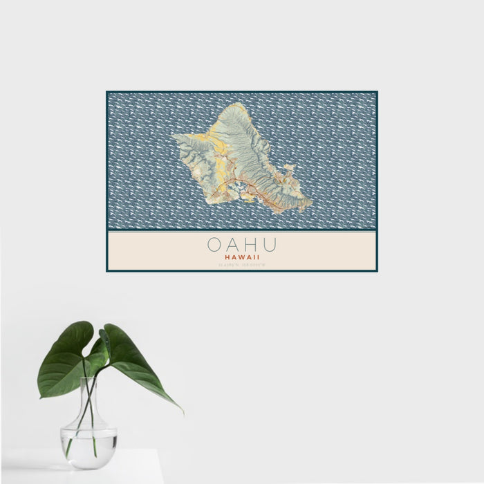 16x24 Oahu Hawaii Map Print Landscape Orientation in Woodblock Style With Tropical Plant Leaves in Water