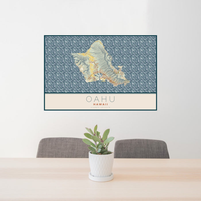 24x36 Oahu Hawaii Map Print Landscape Orientation in Woodblock Style Behind 2 Chairs Table and Potted Plant